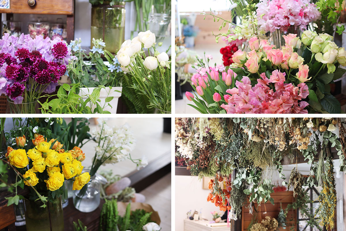 季節の生花のほか、ドライフラワーも豊富に揃う1号店「Atelier Momo」の店内。“花・植物をコミュニケーションツールとし、人と人を繋ぐ活動を”のコンセプトのもと、レッスンやワークショップも多く開催しています
