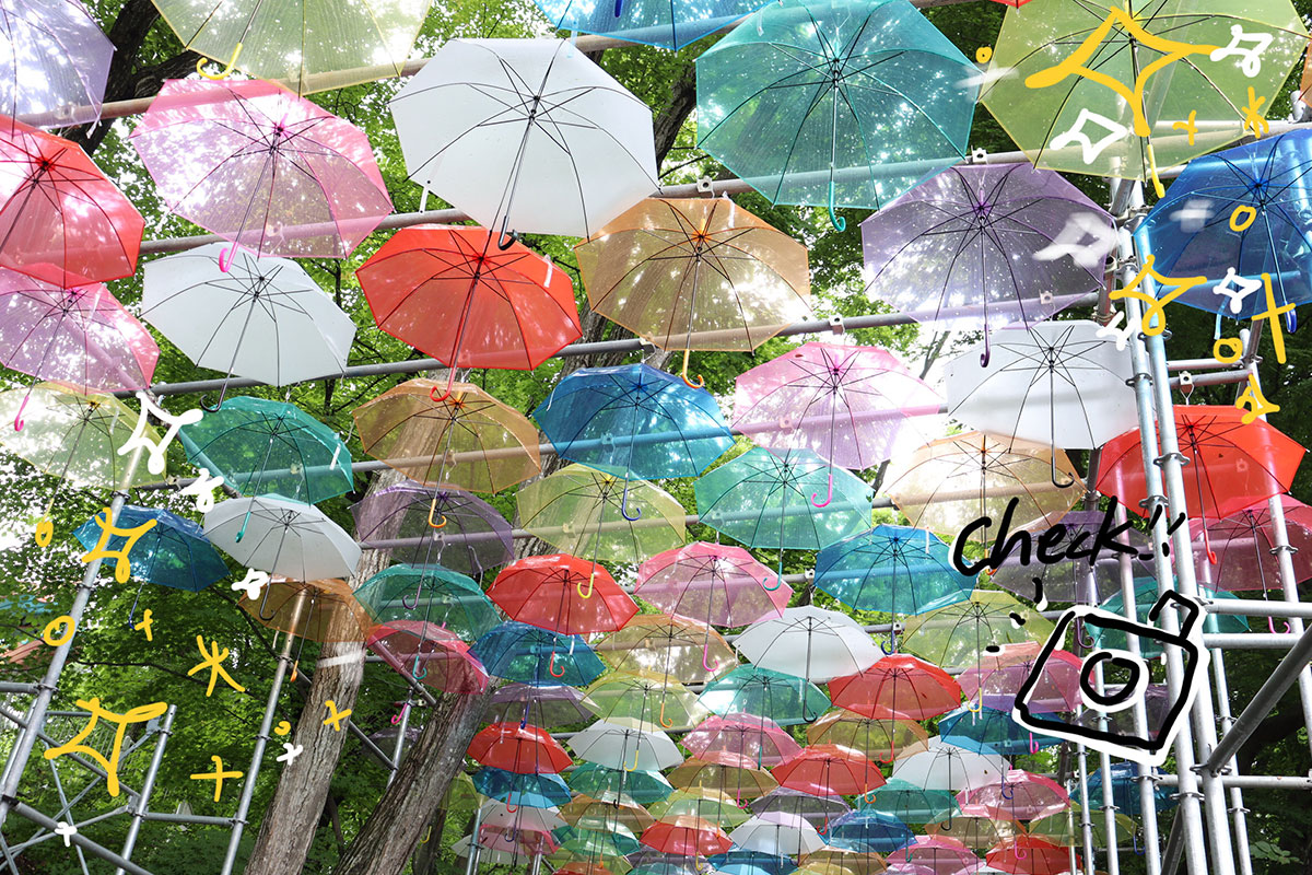 「アンブレラロード」約120本の色とりどりの傘が園内を彩っています。深緑とカラフルな傘が織りなすファンタジー空間が楽しめます。 2021年8月末まで手作り体験夢工房前に設置しています