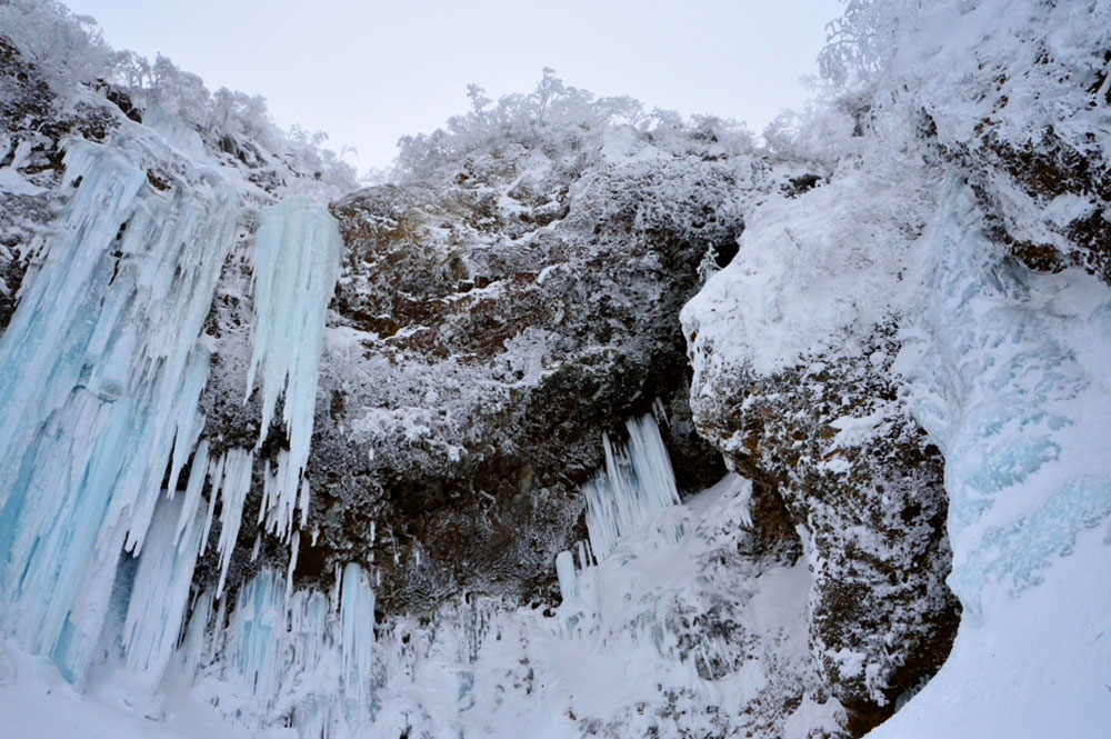 右端の氷瀑は氷柱ではなく、糸滝が凍ったもの