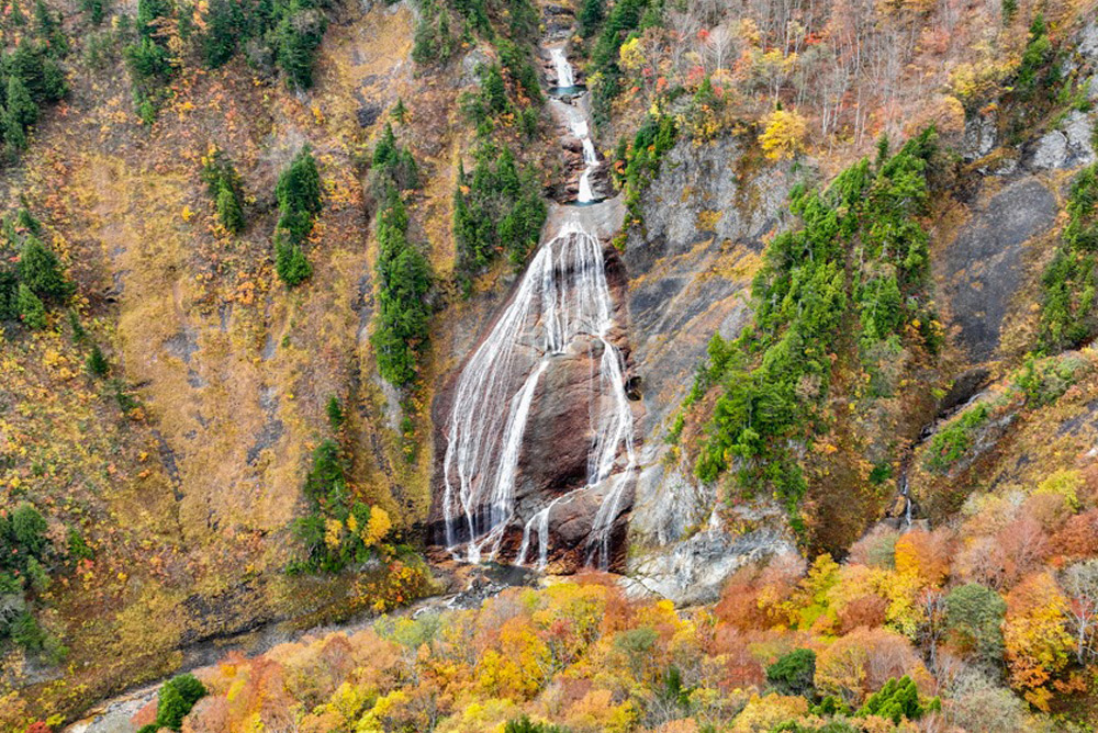ドローンで上空から紅葉に包まれる滝全体を望む